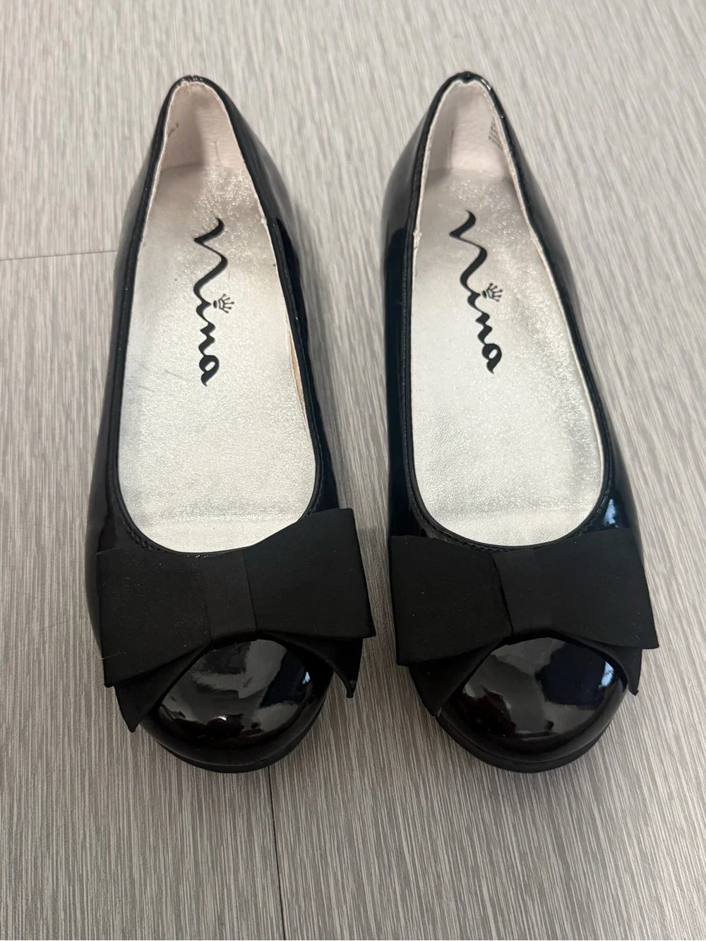 Nina Girls Black Patent Ballet Flats Satin Bow Dress Shoes Size 12.5 NWOB